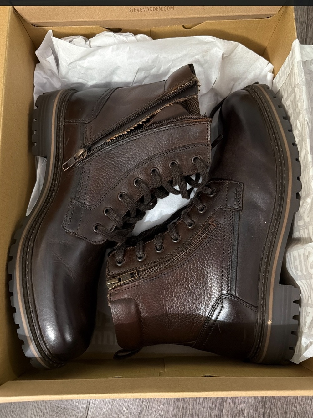 Steve Madden Men's Dark Brown Leather Zip Lace-Up Boots